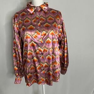 Lil Bee’s Bohemian Retro Geometric Satin Blouse Pink Orange Puff Sleeve S